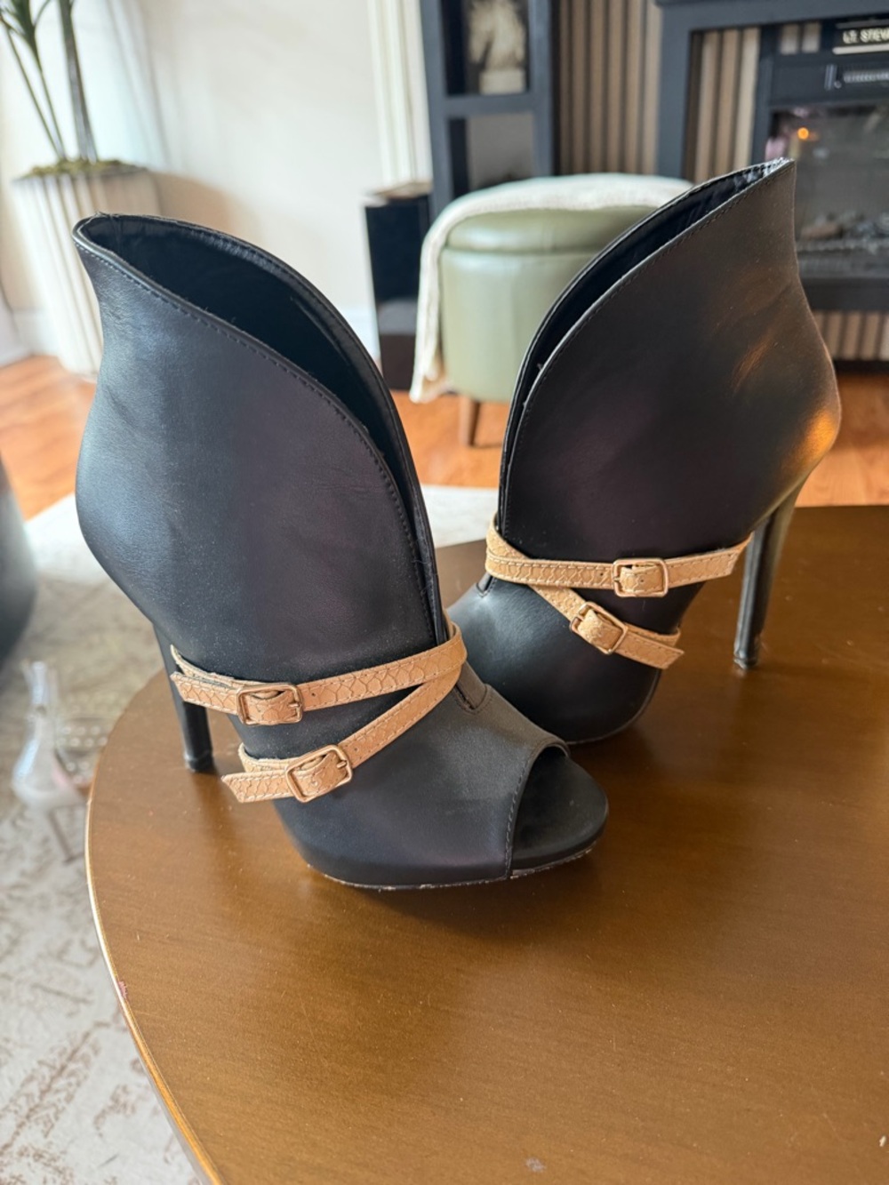 Black Peep-Toe High Heel Booties with Tan Buckle Straps